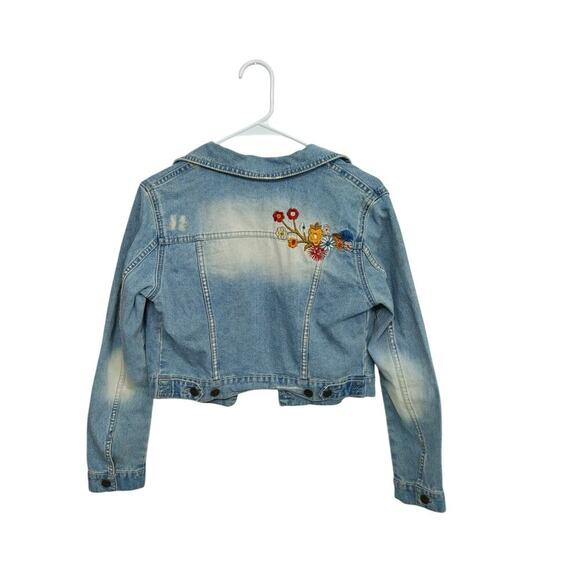Rare Distressed Floral Embroidery Cropped Womens Denim Jacket Button Up Sz Small - Picture 2 of 6